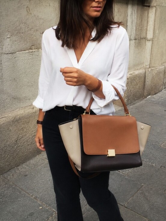 Celine Handbags - Celene Tricolor Medium Trapeze Luggage Satchel in Cognac Brown Tan